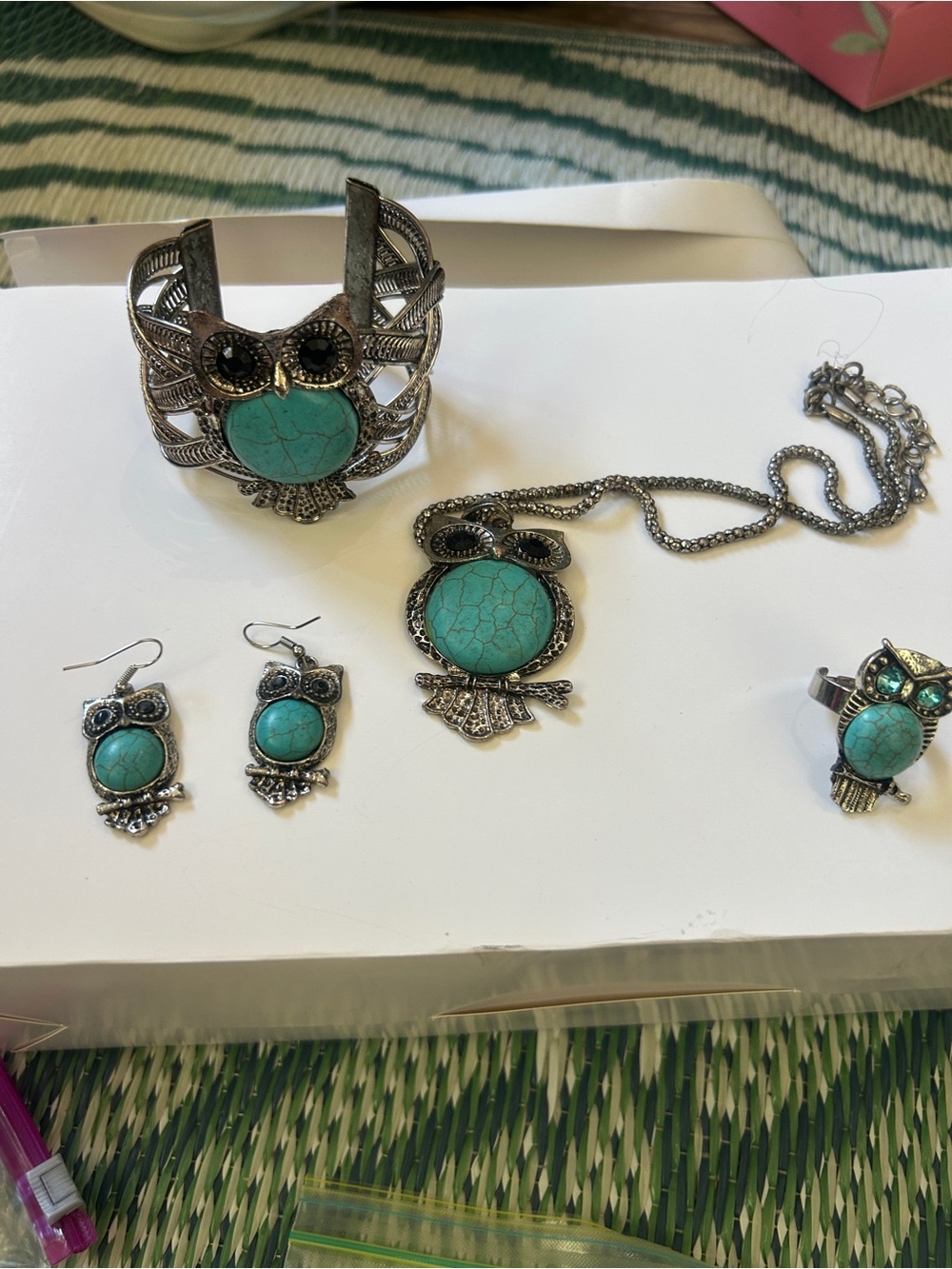 Turquoise Owl Bracelet Necklace Earring Ring Set